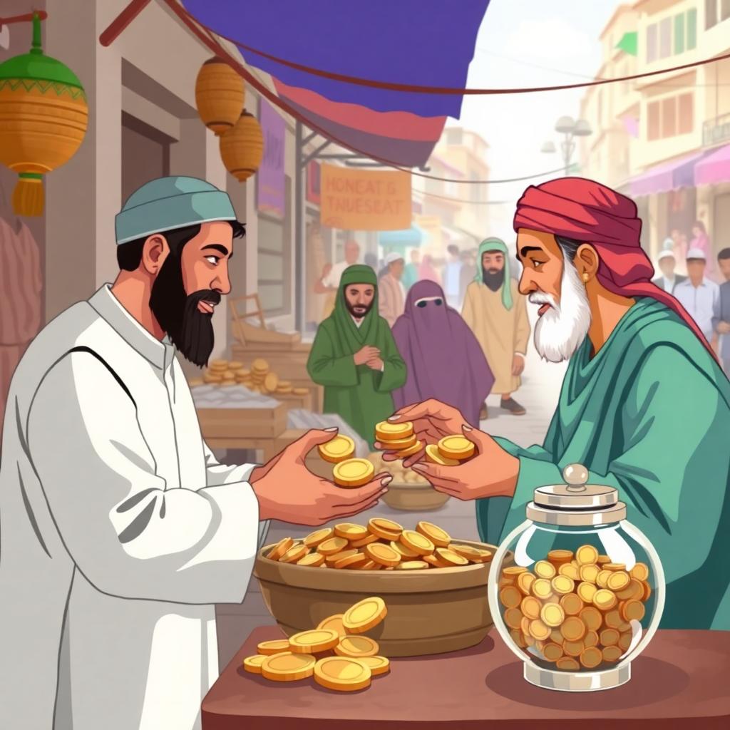A bustling marketplace where merchants exchange goods, coins pass hands honestly, and a visible zakat jar encourages charity, all showing the Quranic protection of wealth. Image created with AI.