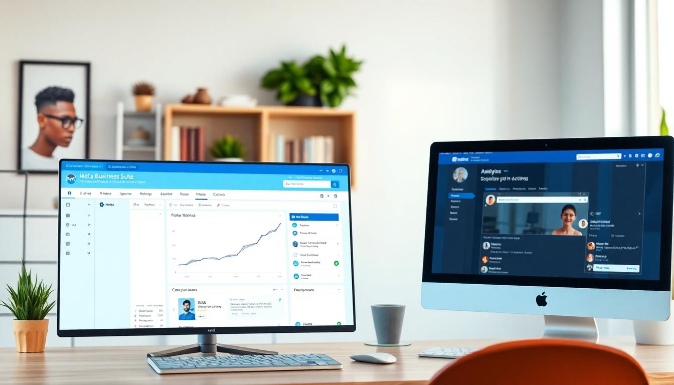 A clean, modern workspace showing a computer screen with Meta Business Suite analytics dashboard and a Facebook Page management interface. Image created with AI.
