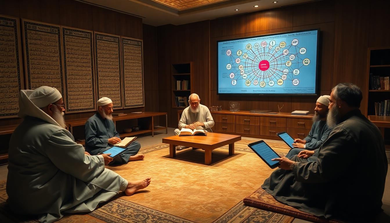 Islamic scholars discussing manuscript and oral recitation in a warm study room, combining ancient traditions with memory techniques and modern understanding