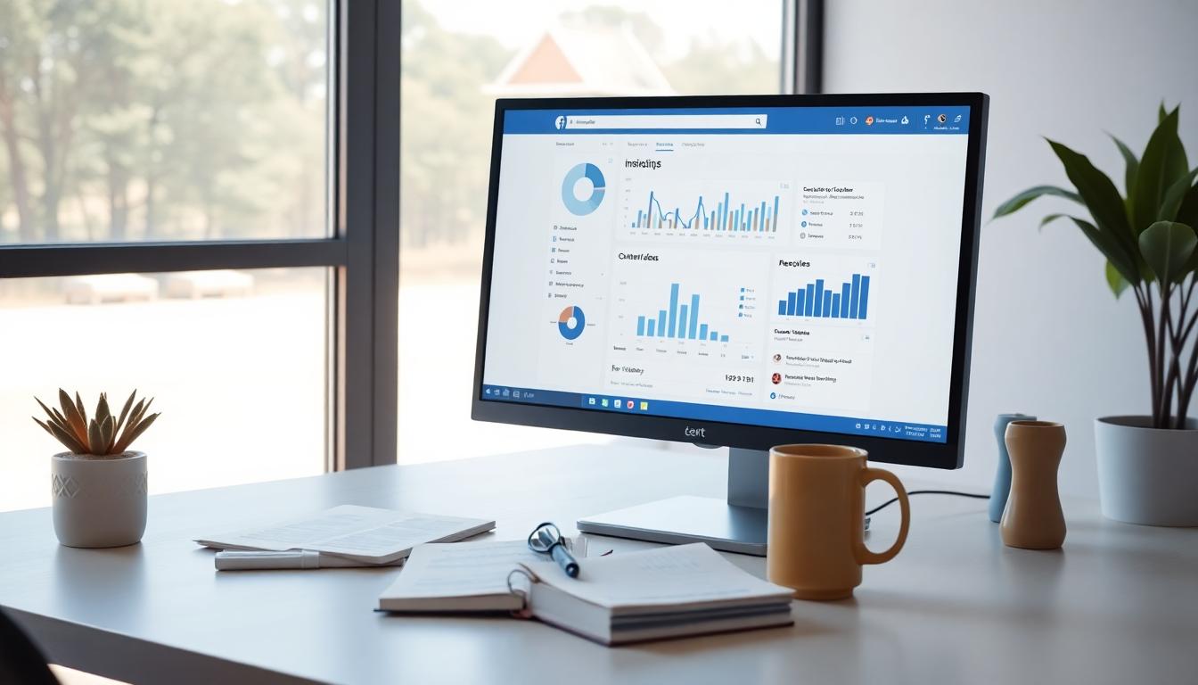 A modern desk setup with a computer monitor displaying Facebook Page Insights charts, a notebook with content ideas, and a coffee cup. Bright natural light, clean space, minimal clutter. Image created with AI.