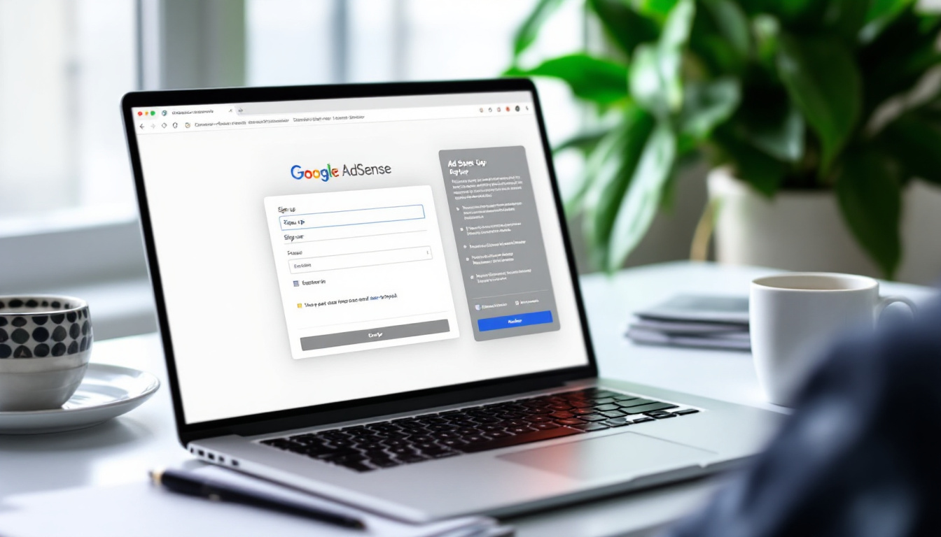 A laptop open on the Google AdSense signup page, with a clean workspace and sunlight streaming in. Image created with AI.