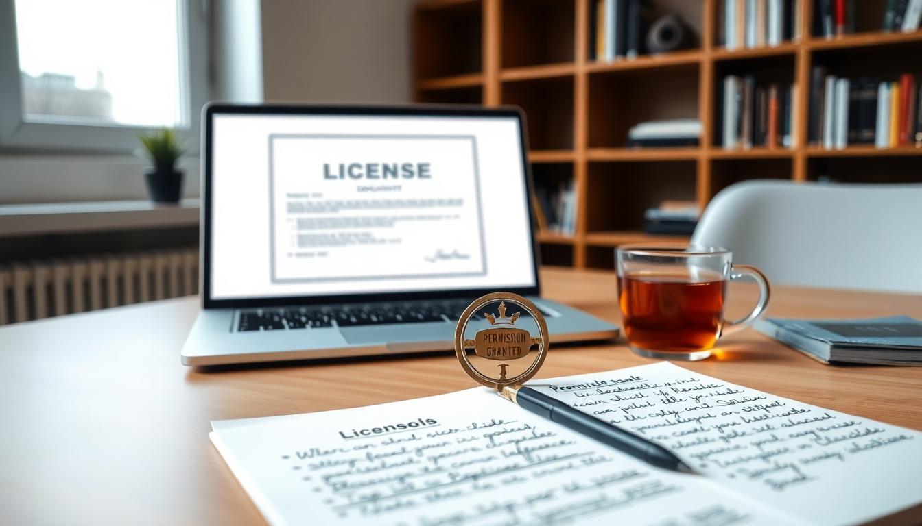 A professional desk with licensing documents, a laptop showing a 'permission granted' stamp, and notes