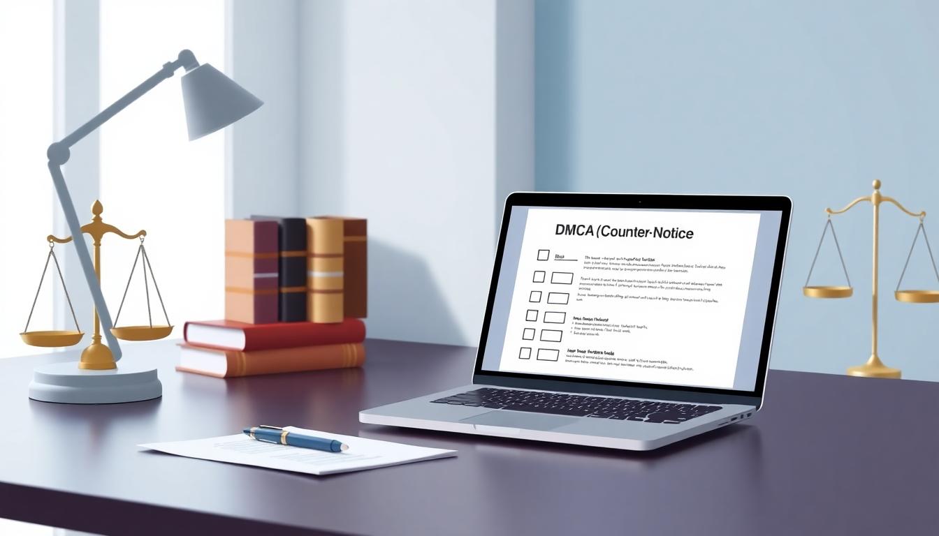 A modern home office desk featuring a laptop, a legal checklist for DMCA counter-notice, a pen, law books, and justice scales in the background. Bright natural light, clean and calm atmosphere. Image created with AI.