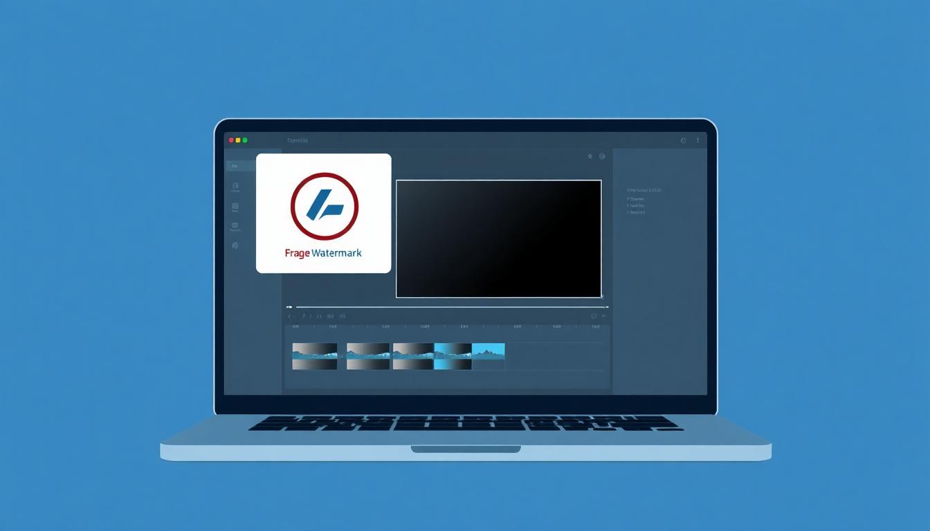 Laptop screen showing image editor with visible watermark on photo and video frame