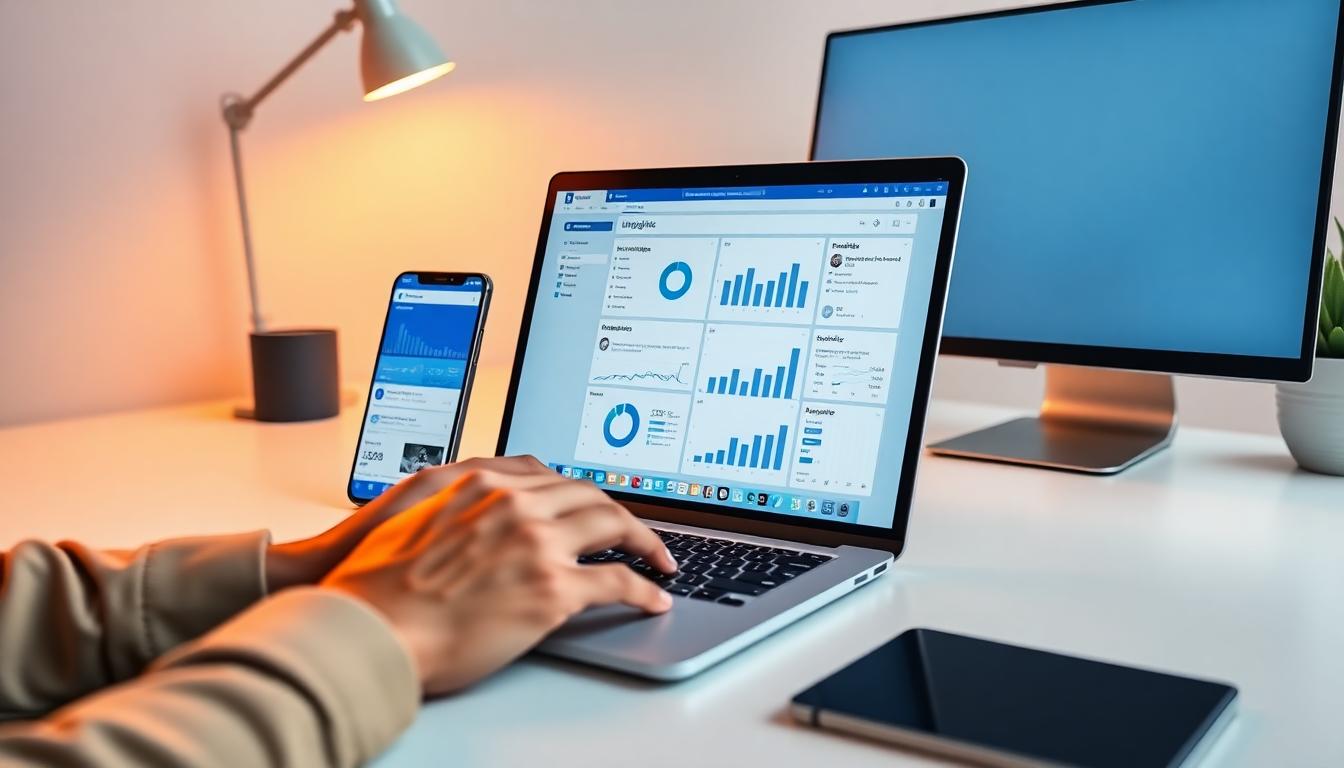 A clean, modern workspace with a laptop open to Facebook Insights analytics, a smartphone showing a Facebook page, warm lighting, minimalistic desk, professional creator vibe. Foreground shows hands on keyboard, background includes a calm monitor with charts. Image created with AI.