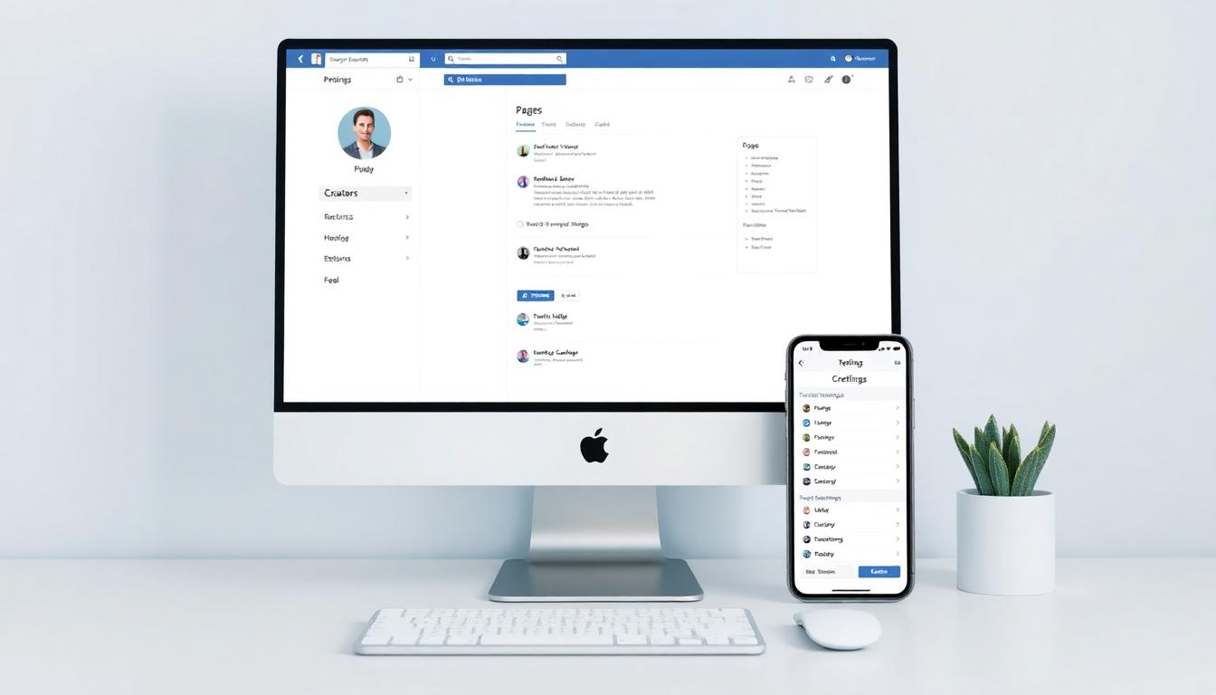 A modern workspace with a computer screen displaying Facebook profile settings and a phone showing page settings, with a clean and organized desk. The image represents the process of setting up a professional profile on Facebook. Image created with AI.