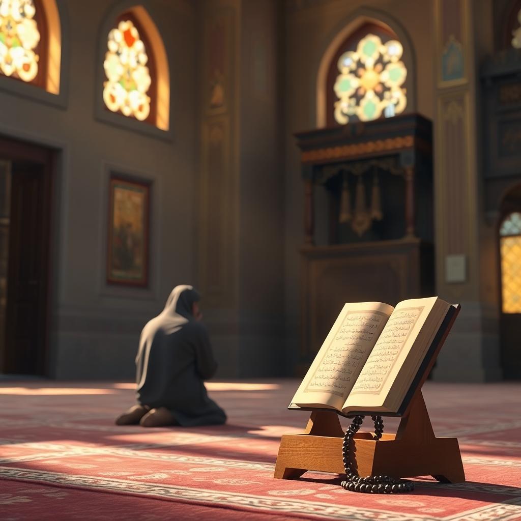 A peaceful mosque prayer corner with sunlight and an open Qur'an on a wooden stand, signaling the importance of faith and worship. Image created with AI.