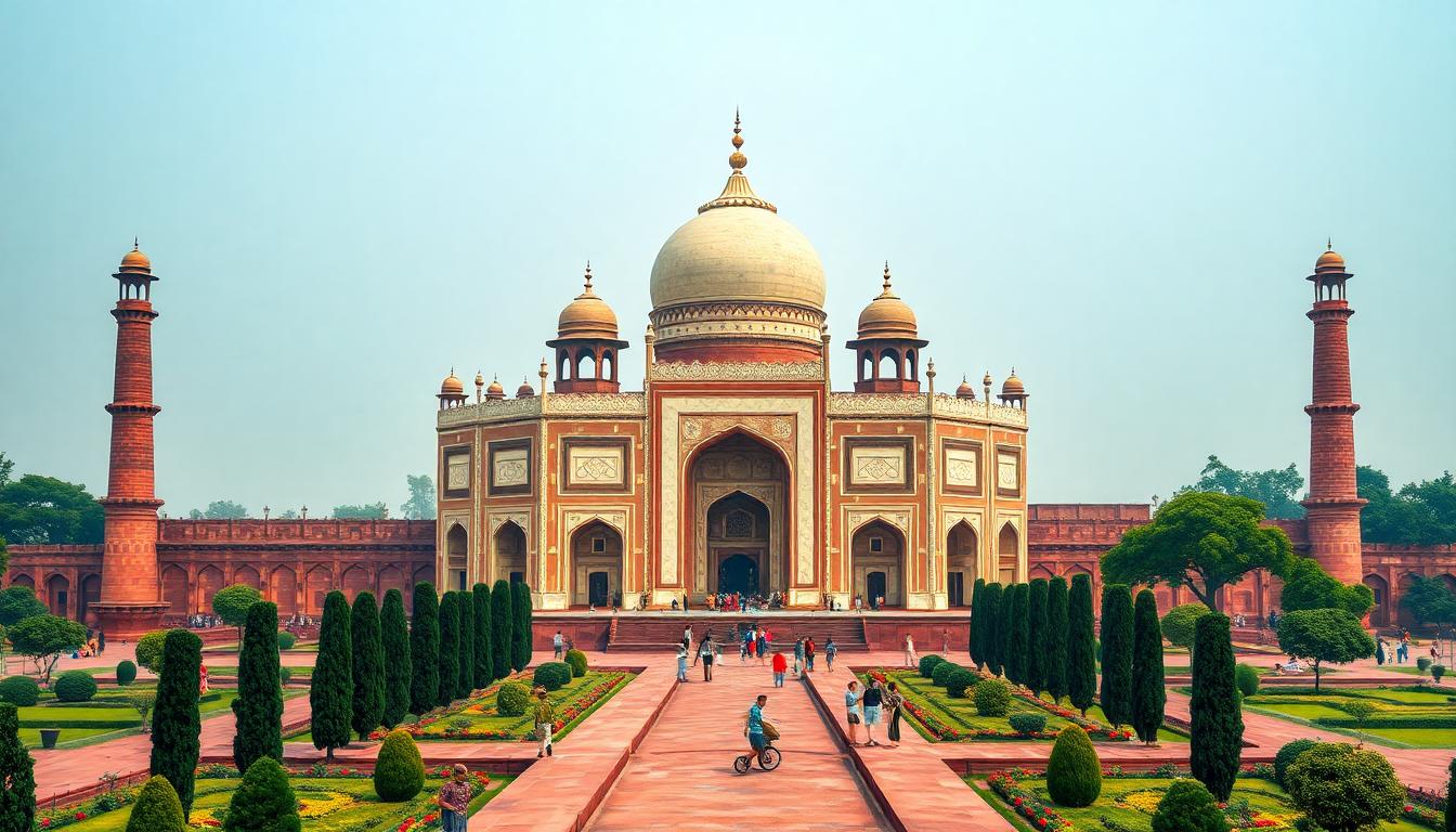 The Mughal Empire at its peak, showing a blend of Mughal court life, grand forts, and Persian-Indian architecture. Image created with AI