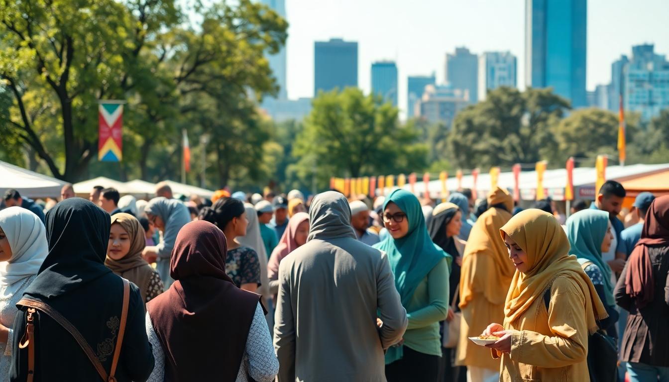 Muslim Americans celebrating culture at a sunny outdoor festival with families, traditional dress, and cheerful interaction in an American city park
