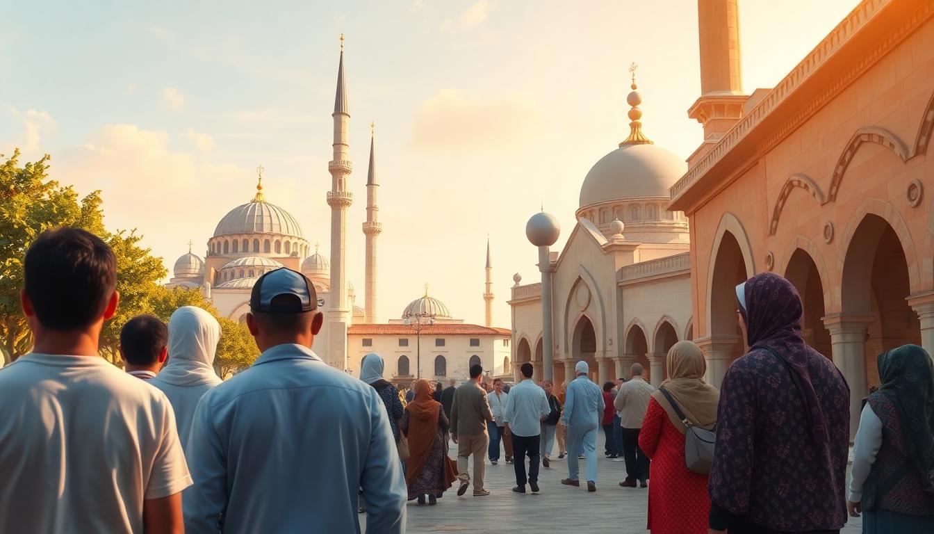 মুসলিম ও খ্রিষ্টান সমাজের পারস্পরিক সন্মান ও সহাবস্থান, মসজিদ ও গির্জার পটভূমিতে জনজীবন। ছবিটি AI দ্বারা তৈরি।
