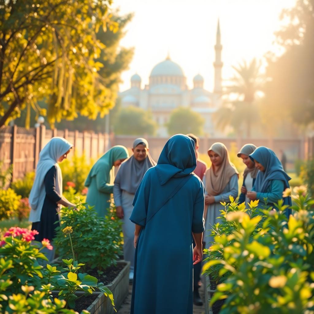 Muslim community volunteering outdoors in garden with mosque silhouette