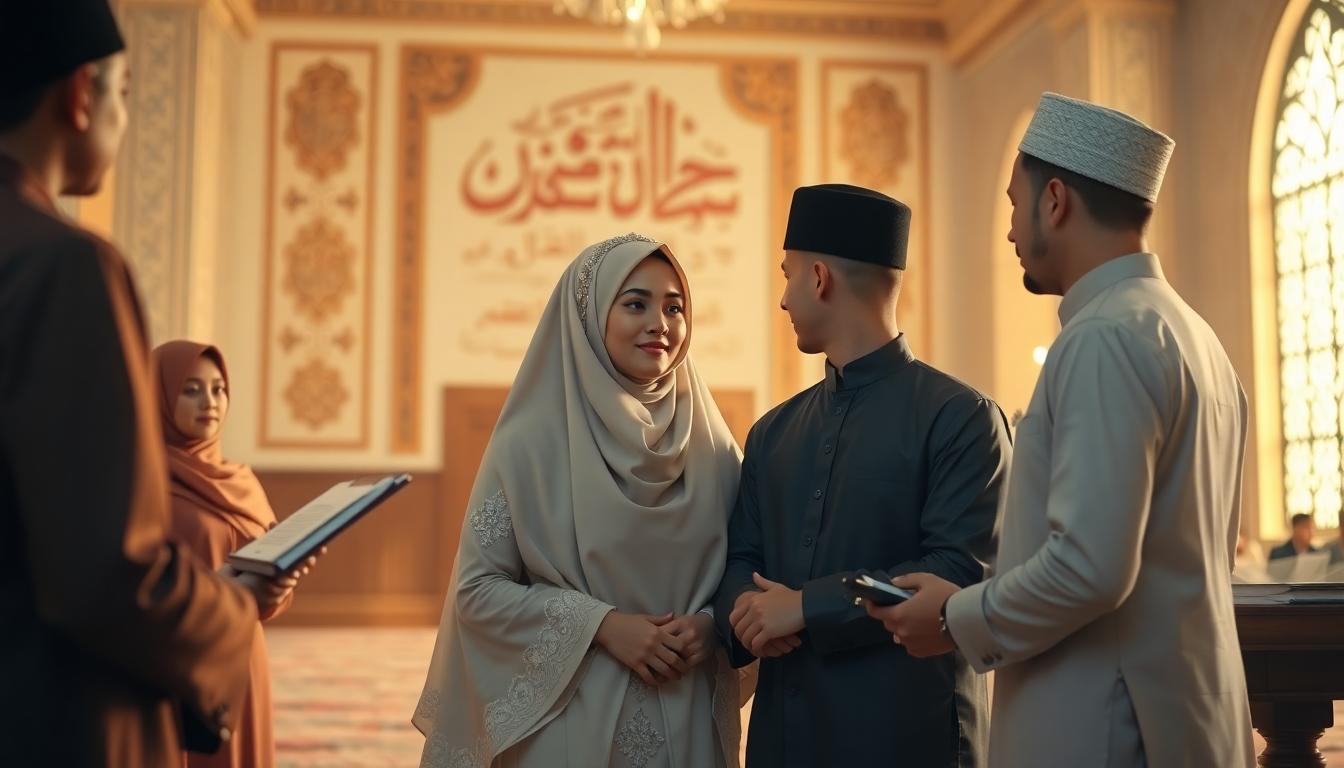 Muslim couple at Nikah ceremony with wali and witnesses in mosque