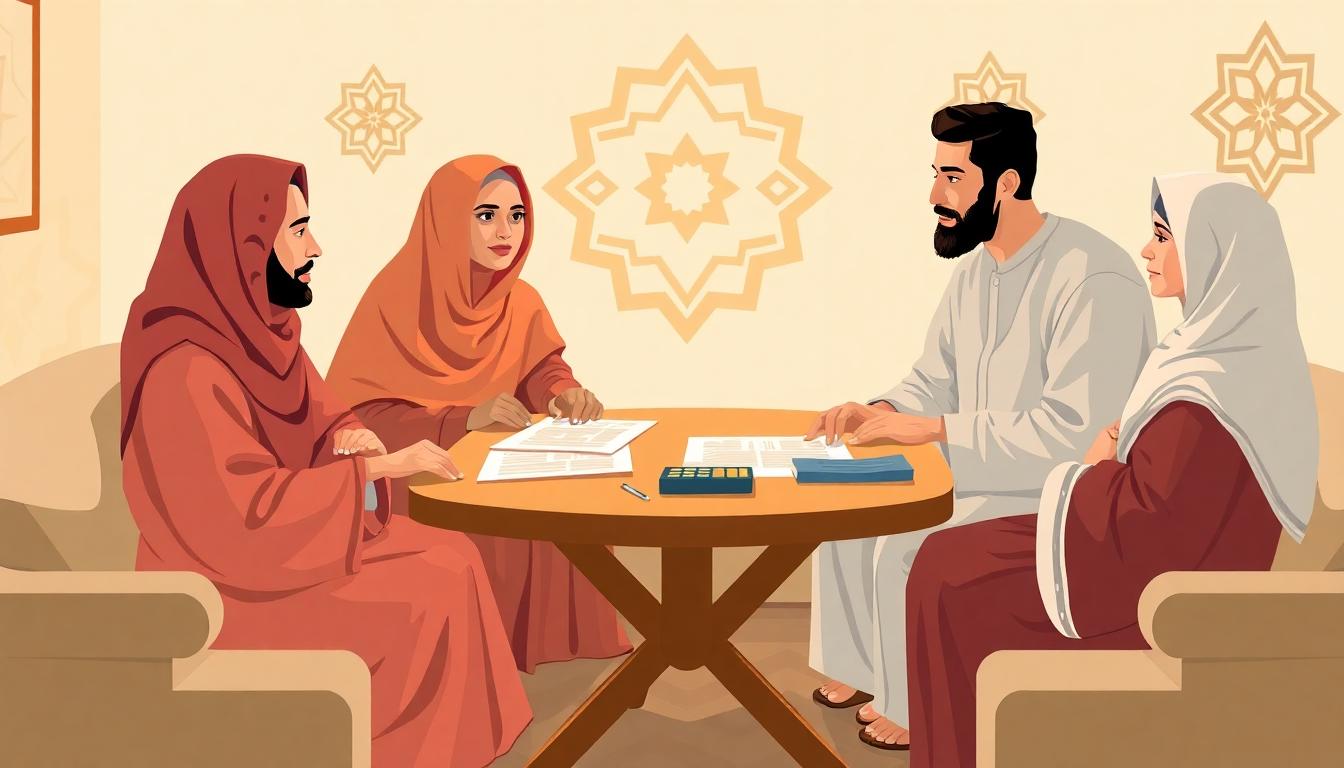 A warm, modern illustration of a Muslim family discussing inheritance in a living room. Visible documents and a small calculator on the table. The scene includes men and women, reflecting a fair and balanced share concept. Soft lighting, with Islamic geometric patterns in the background, realistic style. Image created with AI.