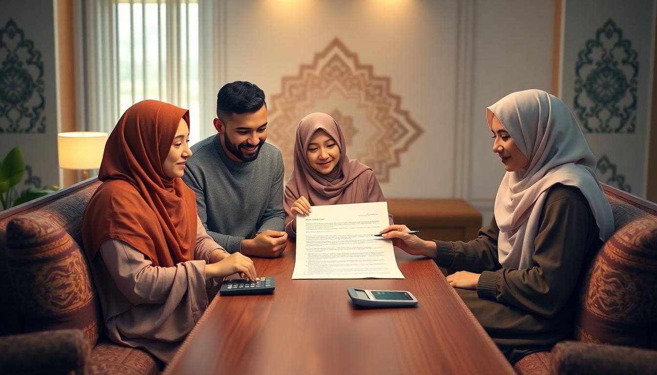 A warm, modern living room where a Muslim family sits around a table reviewing an inheritance document with a calculator and pen; background features Islamic geometric patterns and soft lighting. Image created with AI.