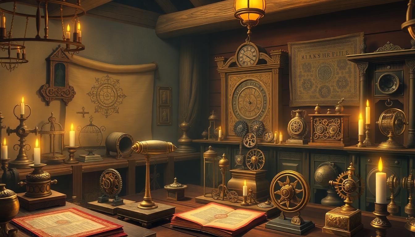 A medieval workshop filled with automata, gear-driven machines, water clocks, and mechanical toys, with inventors working by candlelight. Image generated by AI.