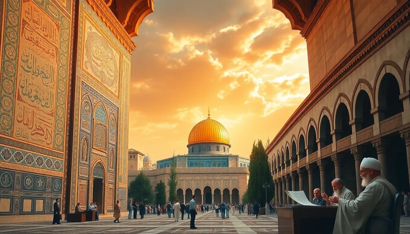 The Dome of the Rock, Islamic calligraphy, geometric tile patterns and scholars drafting legal texts, symbolizing culture and governance