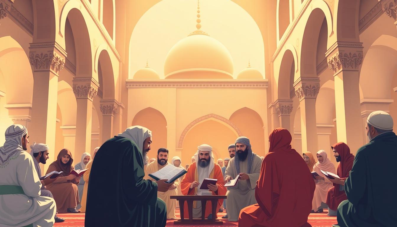 Diverse Muslim scholars in a courtyard discussing texts