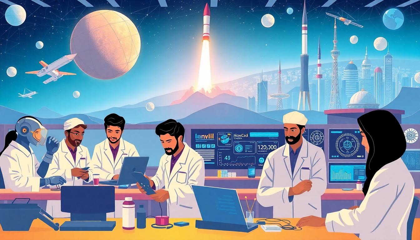 Muslim scientists working with robotics and AI, background shows space exploration themes and Islamic geometric designs blending tradition with future possibilities