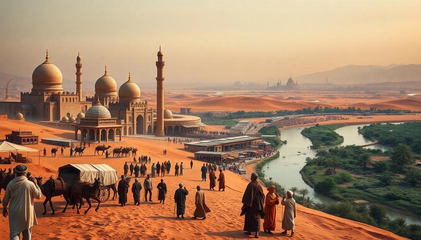 Muslim legacy in Africa showing trans-Saharan caravans, mosques, scholars, and Mansa Musa’s procession with golden entourage crossing desert and river landscapes
