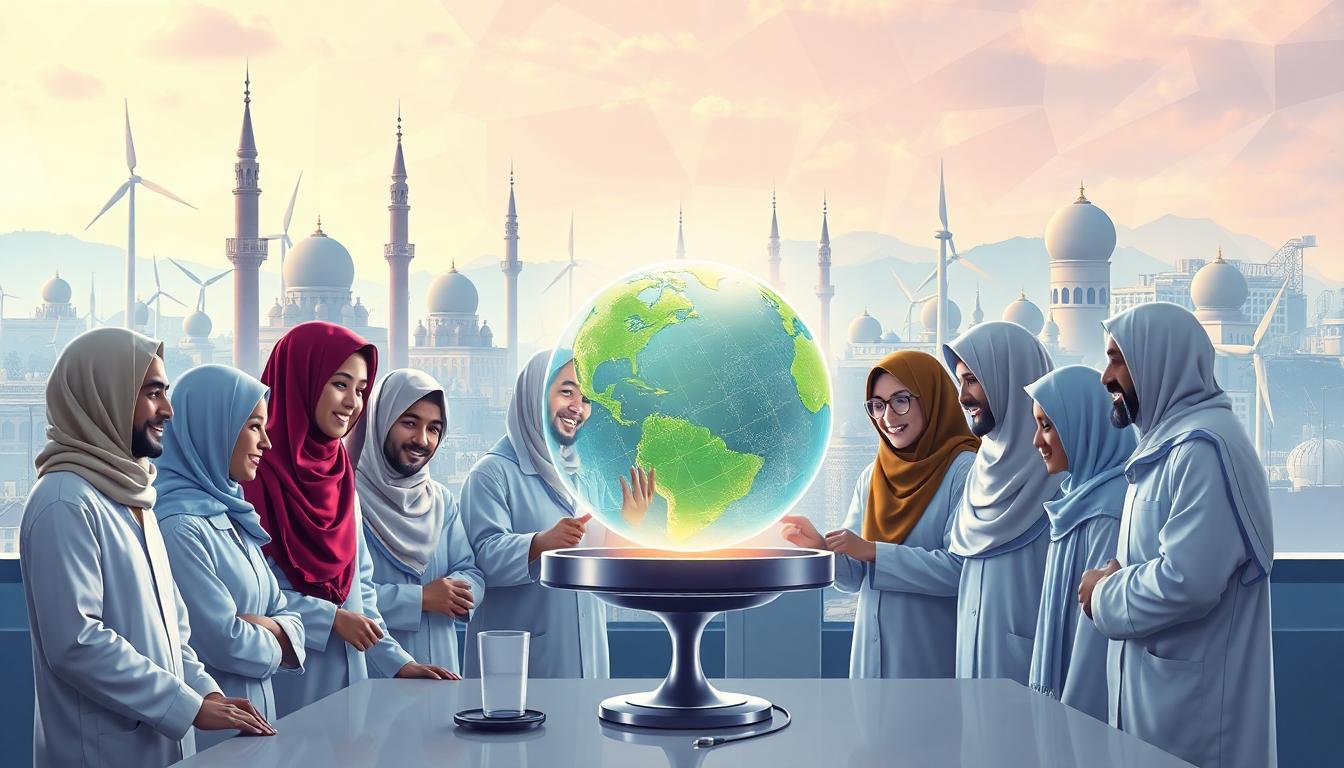 Young Muslim scientists collaborating around futuristic tech in a modern lab with Islamic-inspired elements and cityscape behind