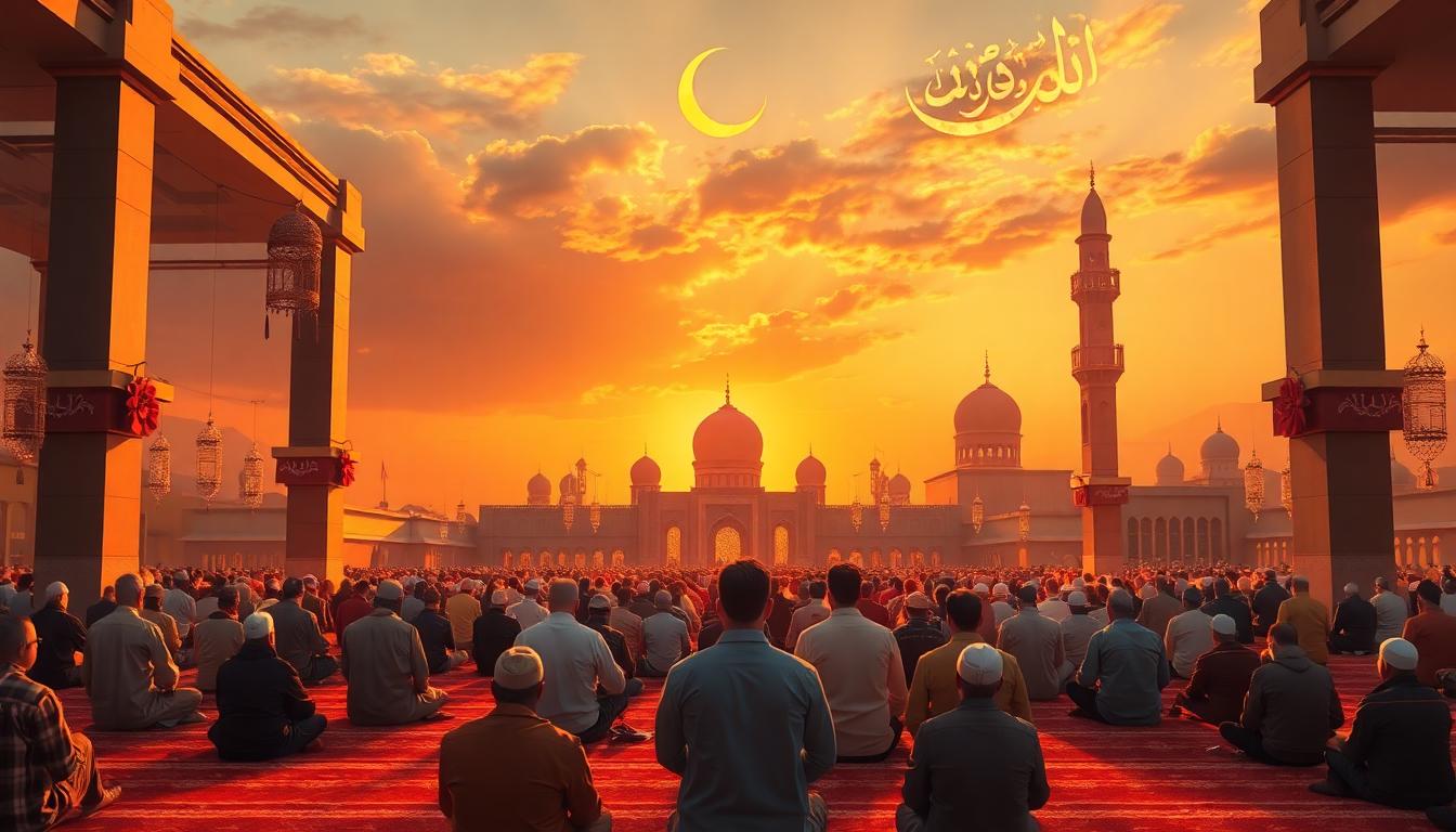 রমজান ও ঈদ-উল-ফিতরের সময় মুসলমানদের নামাজ ও অনুষ্ঠান, গোধূলি সময় মসজিদের দৃশ্য। ছবি AI দ্বারা রচিত