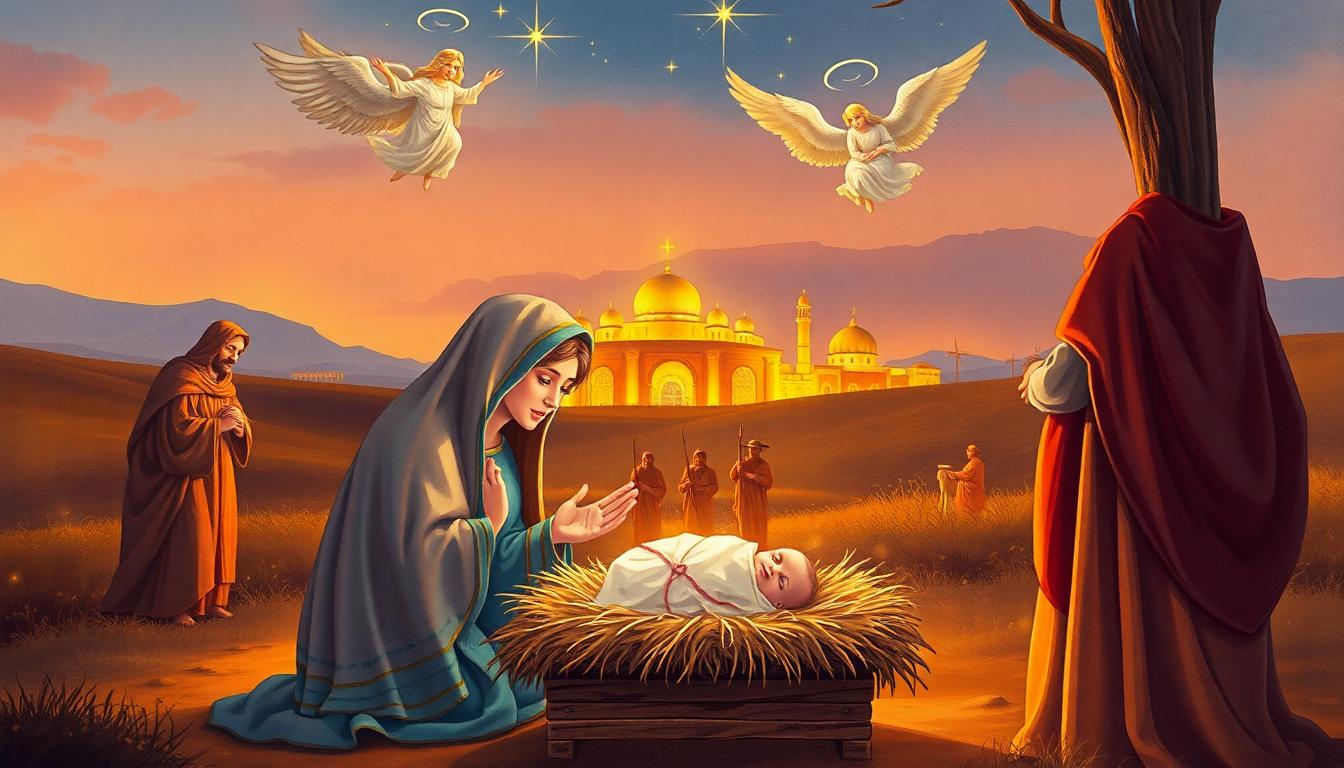 গম্ভীর প্রেক্ষাপটে যীশুর ক্রুশবিদ্ধ হওয়া: পাহাড়ের ওপরে তিনটি ক্রুশ, মাঝখানে যীশু, শোকাহত অনুসারী, গাঢ় আকাশ। ইমেজ তৈরি করেছে AI, স্টাইল: Comparing Jesus in Islam and Christianity: Sacred Stories Explained