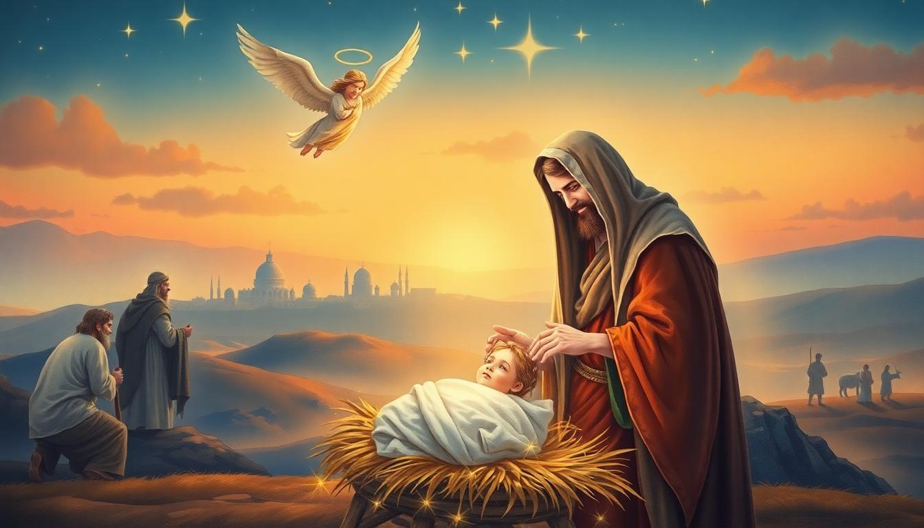 বেথলেহেমে যীশুর জন্ম: কুমারী মেরির কোল, গাভ-ছাগল ও ফেরেশতা পরিবেষ্টিত, সন্ধ্যারত আলোকচ্ছটা, ক্যামেরার দৃষ্টিভঙ্গি: ক্লাসিক্যাল জলরঙ চিত্র। Image created with AI