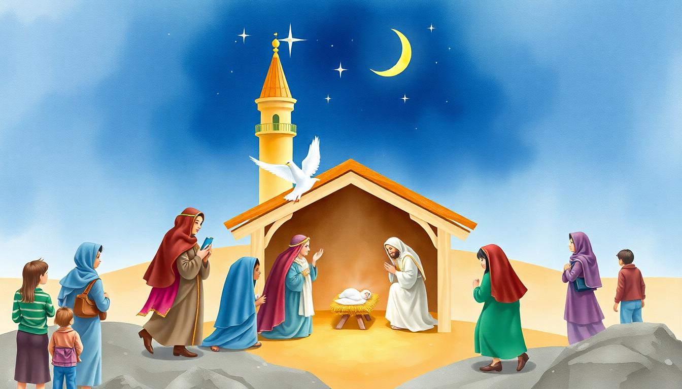 একটি ম্যানেজার দৃশ্য; খ্রিস্টান ও মুসলিম দর্শনার্থীরাই একই নেটিভিটি সিন দেখছে, পাশে রয়েছে কবুতর, ক্রুশ ও চাঁদ তারকা, জলরঙ স্টাইল, AI তৈরি