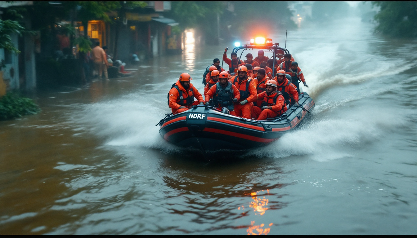 NDRF rescue teams operating inflatable boats in flooded streets of Delhi during the Yamuna floods of 2025