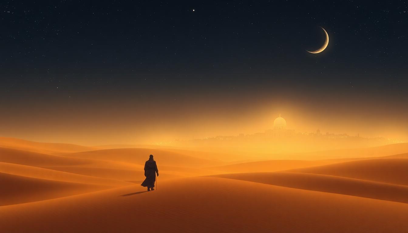 Abstract depiction of a night journey from Mecca to Jerusalem, under a starry sky with a crescent moon and softly glowing path through a desert landscape