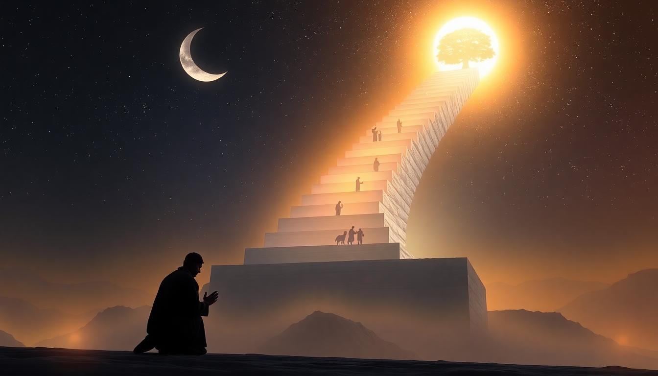 The Ascension through the Seven Heavens of Mi'raj, showing a radiant staircase with glowing prophets and the Sidrat al-Muntaha tree at the peak