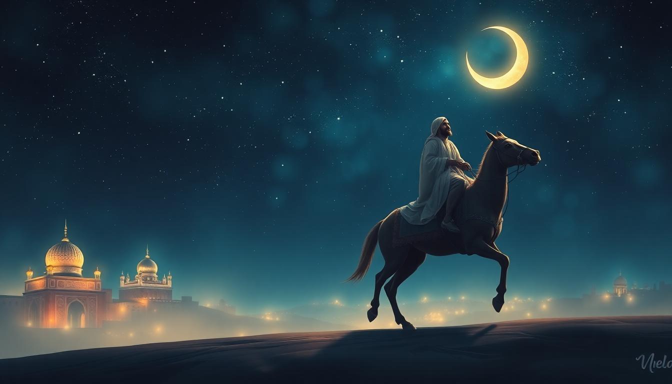 Prophet Muhammad riding Al-Buraq during the Night Journey under a starry sky, symbolizing divine support and spiritual elevation