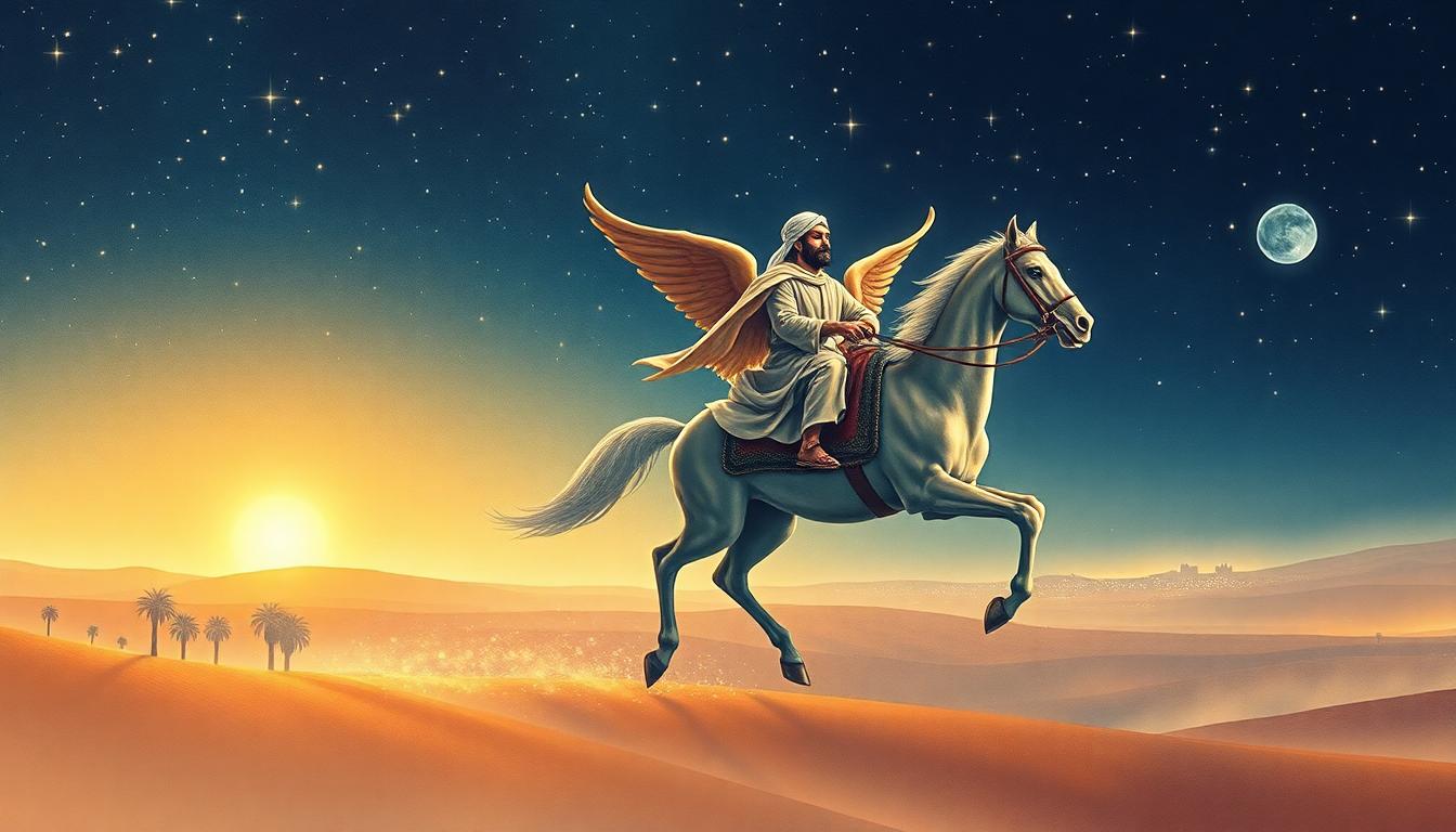 Prophet Muhammad riding Al-Buraq during the Night Journey through a starlit night sky with distant Mecca