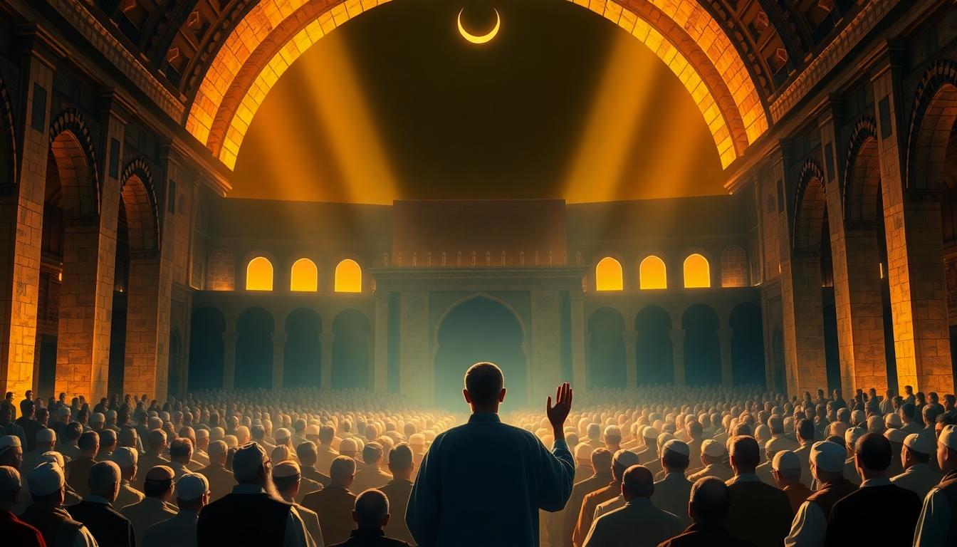 The Prophet Muhammad leading 124,000 prophets in prayer at Masjid al-Aqsa, glow of divine light illuminating the sacred space