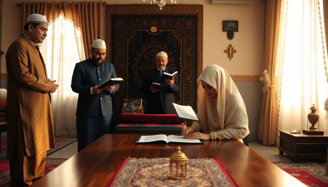 Bride and groom signing the Nikah contract during the ceremony, with witnesses and a guardian present under warm light.