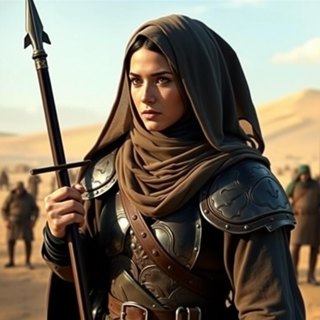 Nusayba bint Ka'b, courageous warrior defending the Prophet, in a dynamic desert battlefield scene, wearing armor and poised in defense. Historical realism, respectful portrayal. Image created with AI.