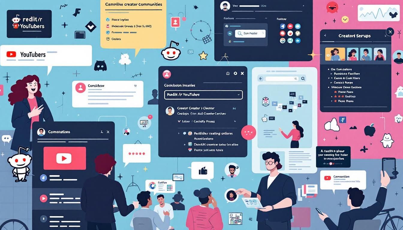 Online creator communities image: Reddit r/YouTubers, Discord creator servers, Facebook groups and a sample collaboration post. Image created with AI.