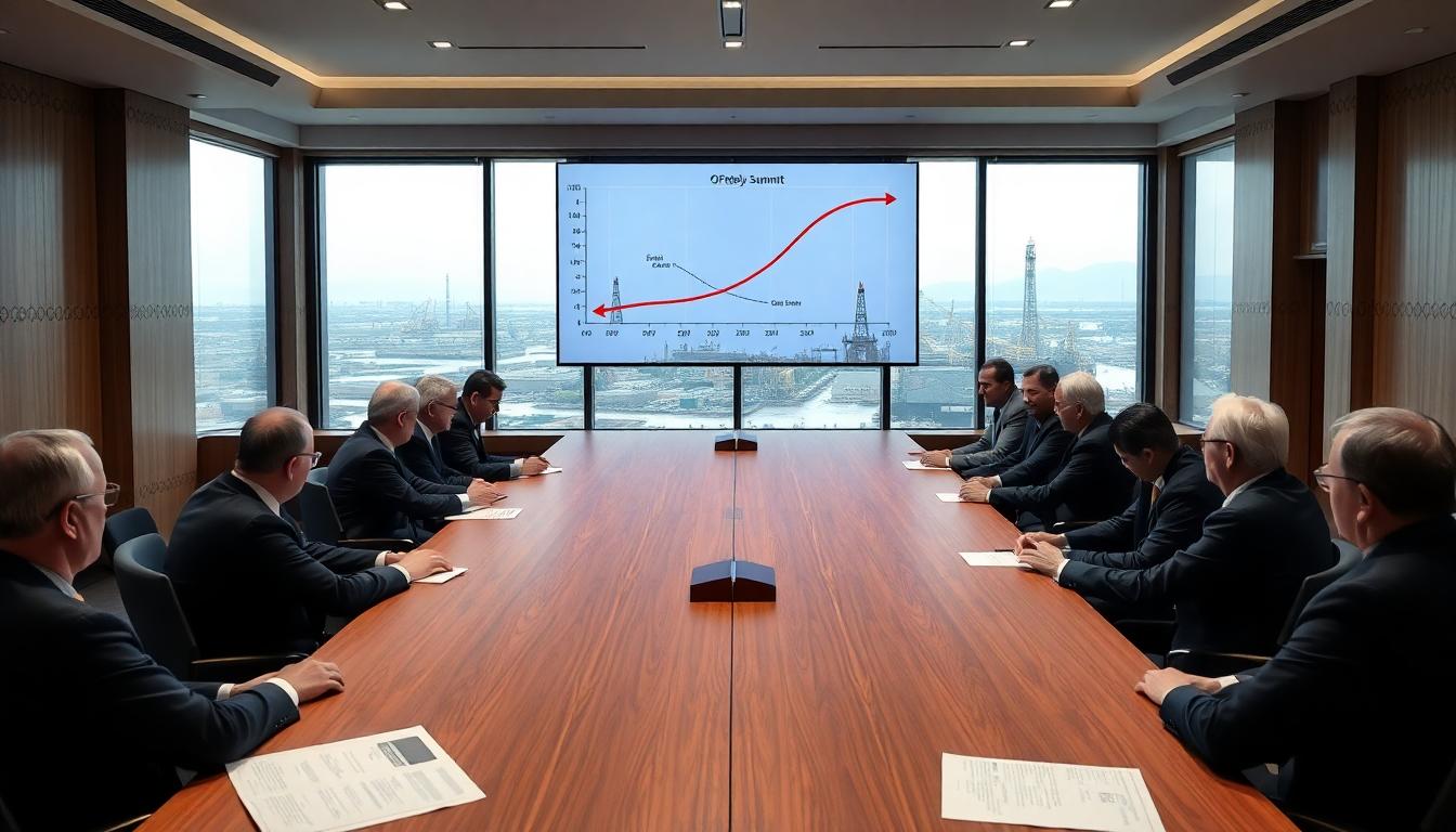 OPEC+ summit delegates around a conference table, with oil infrastructure visible through the windows beyond. Charts and production data are on display, illustrating strategic decisions on global oil supply. Image created with AI