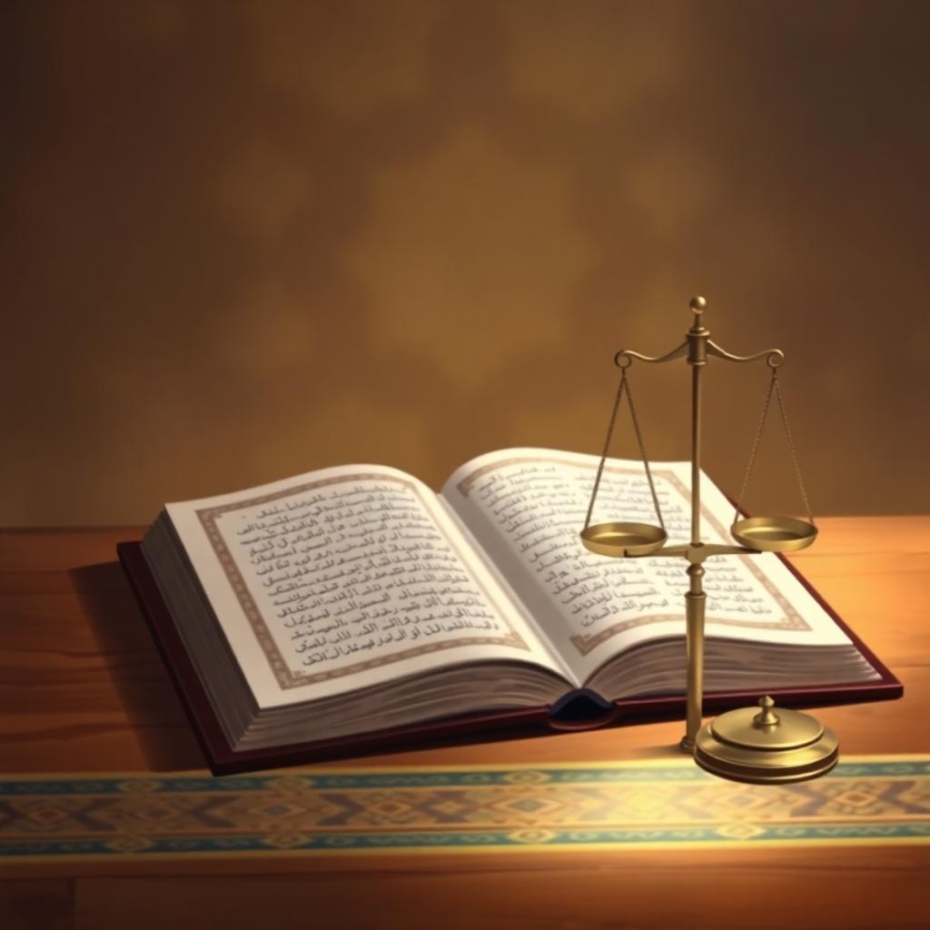 An open Quran with a balancing scale beside it, representing fairness in gender inheritance. Warm tones and Islamic patterns fill the background. Image created with AI.