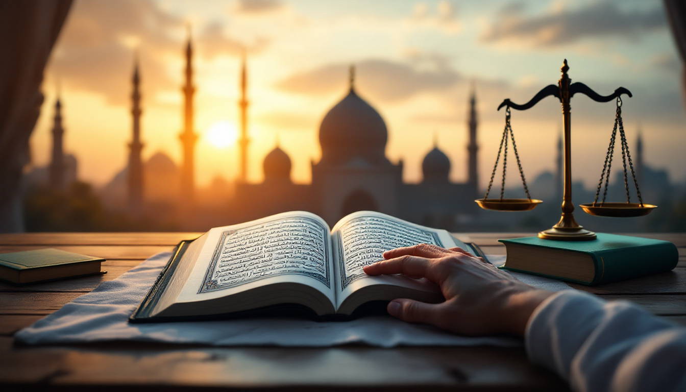 Open Quran on a wooden table with scales of justice and a small green book symbolizing mercy and guidance, with a silhouette of a mosque at sunset in the background