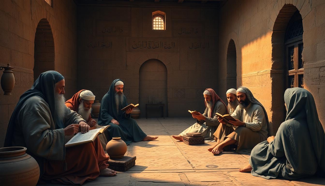 Early Islamic community gathered in courtyard, orally transmitting stories and teachings under warm light, among elders and youth