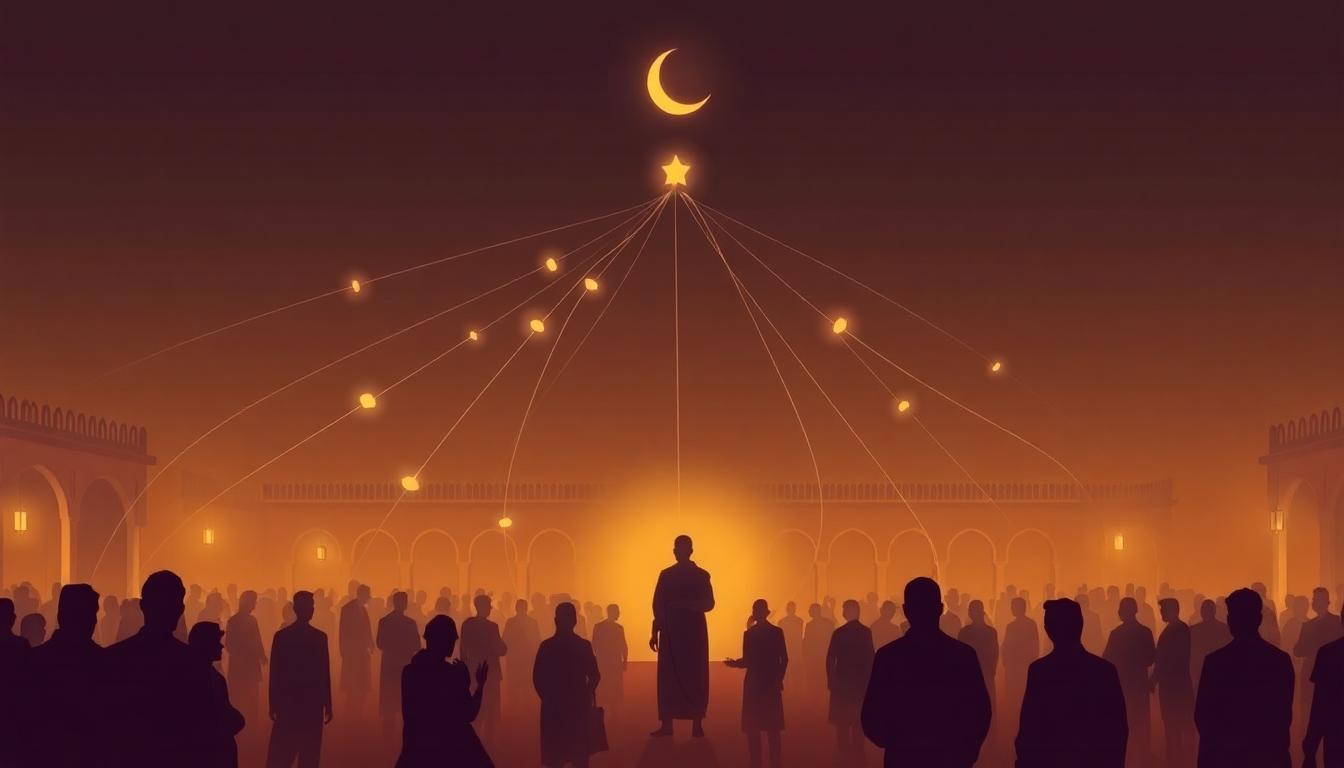 Lines connect storytellers and students in a mosque courtyard, illustrating the isnad (chain of narration) system, with a subtle glow linking generations. Image created with AI.