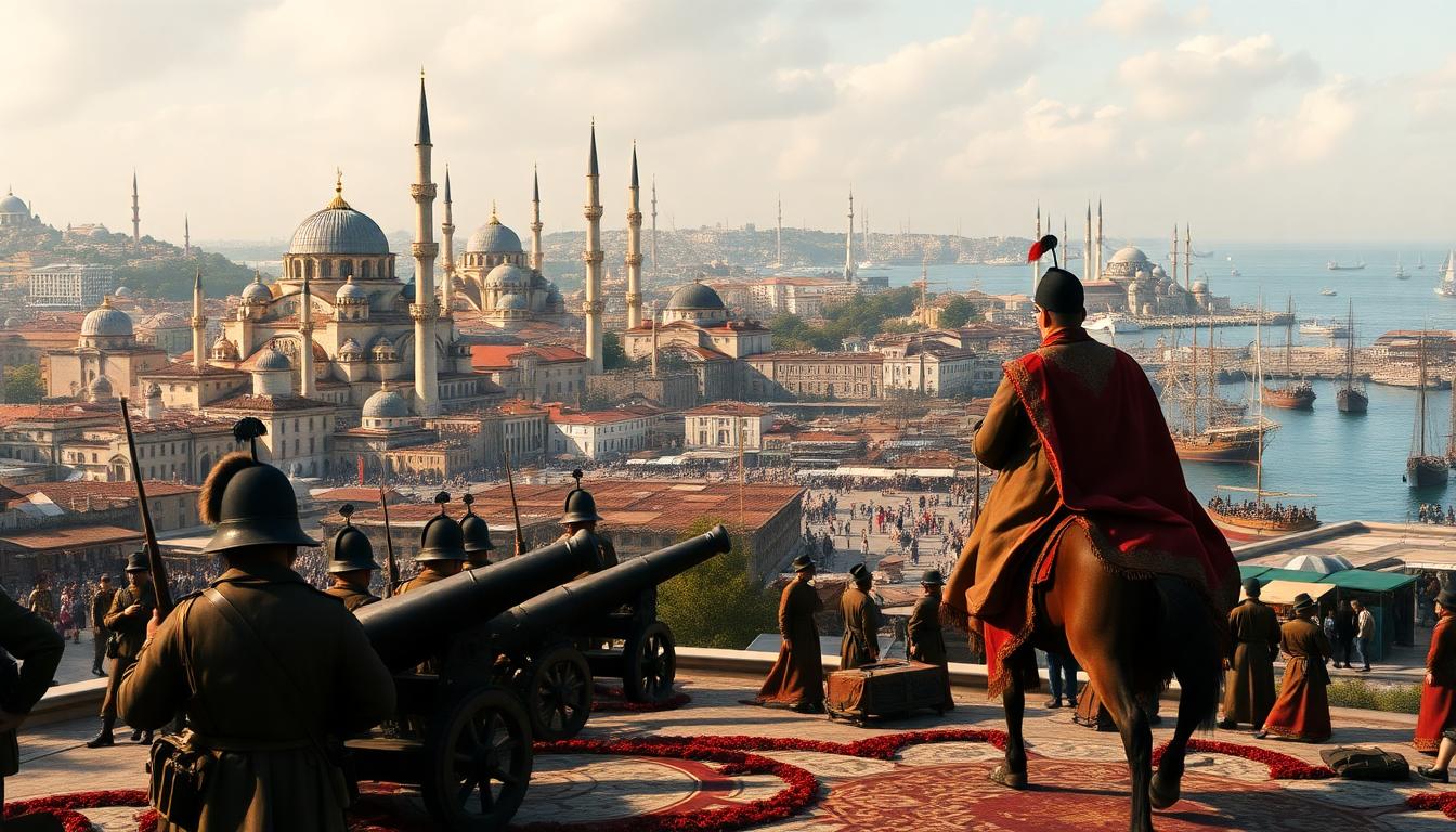 Ottoman Empire panoramic view showing Constantinople’s skyline with mosques, markets, and soldiers. Image created with AI