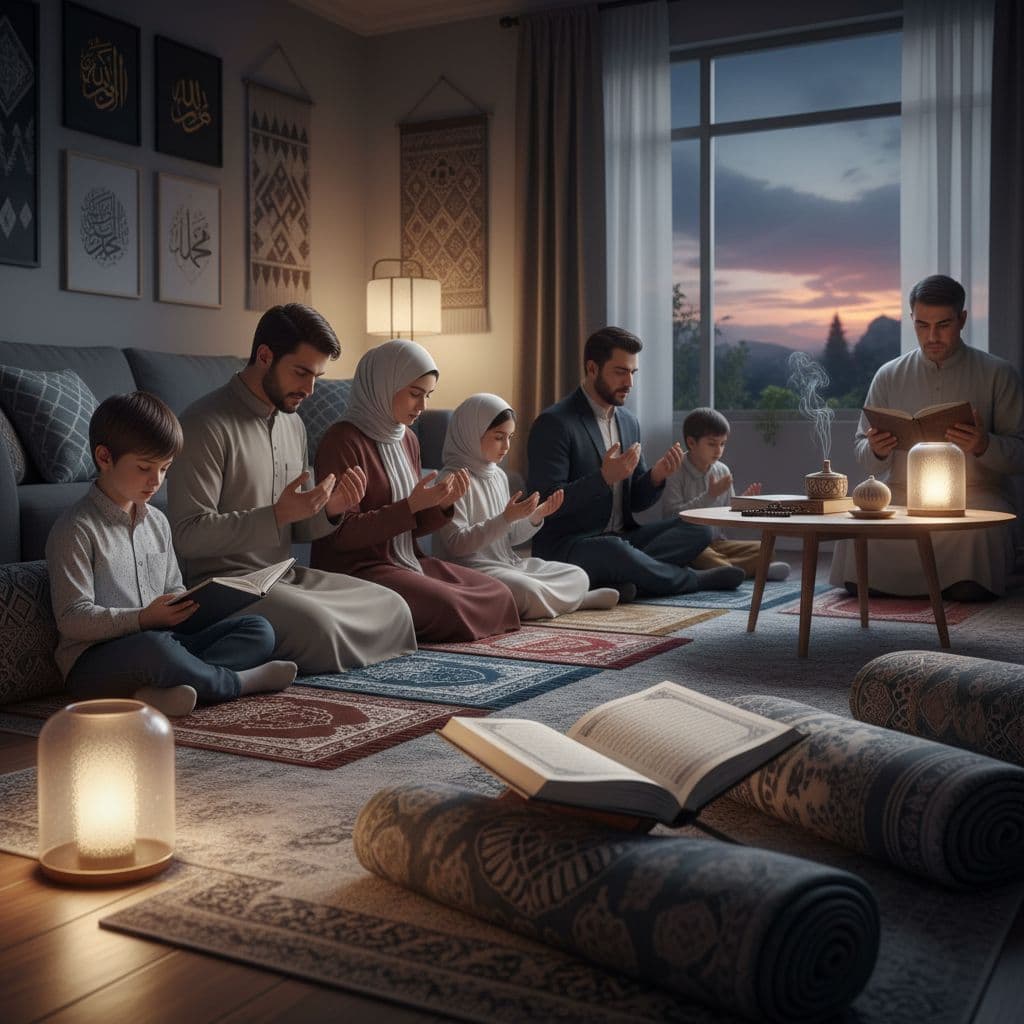 পরিবারে শান্ত পরিবেশে আশুরা স্মরণ, সবাই কোরআন পড়ছে ও সালাতে মন দিচ্ছে, নরম আলোতে শোক আর শিক্ষা একসাথে। Image created with AI