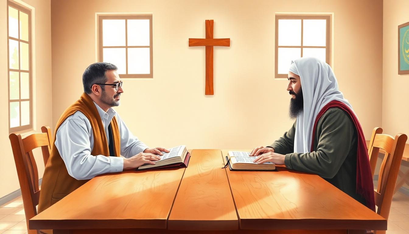 একটি শান্তিপূর্ণ ইন্টারফেইথ সংলাপ: খ্রিস্টান পাস্টর ও মুসলিম আলেম এক টেবিলে, সামনে বাইবেল ও কোরআন, পেছনে ক্রুশ ও চাঁদ তারকা, আলোকিত ঘর, জলরং স্টাইল। Image created with AI
