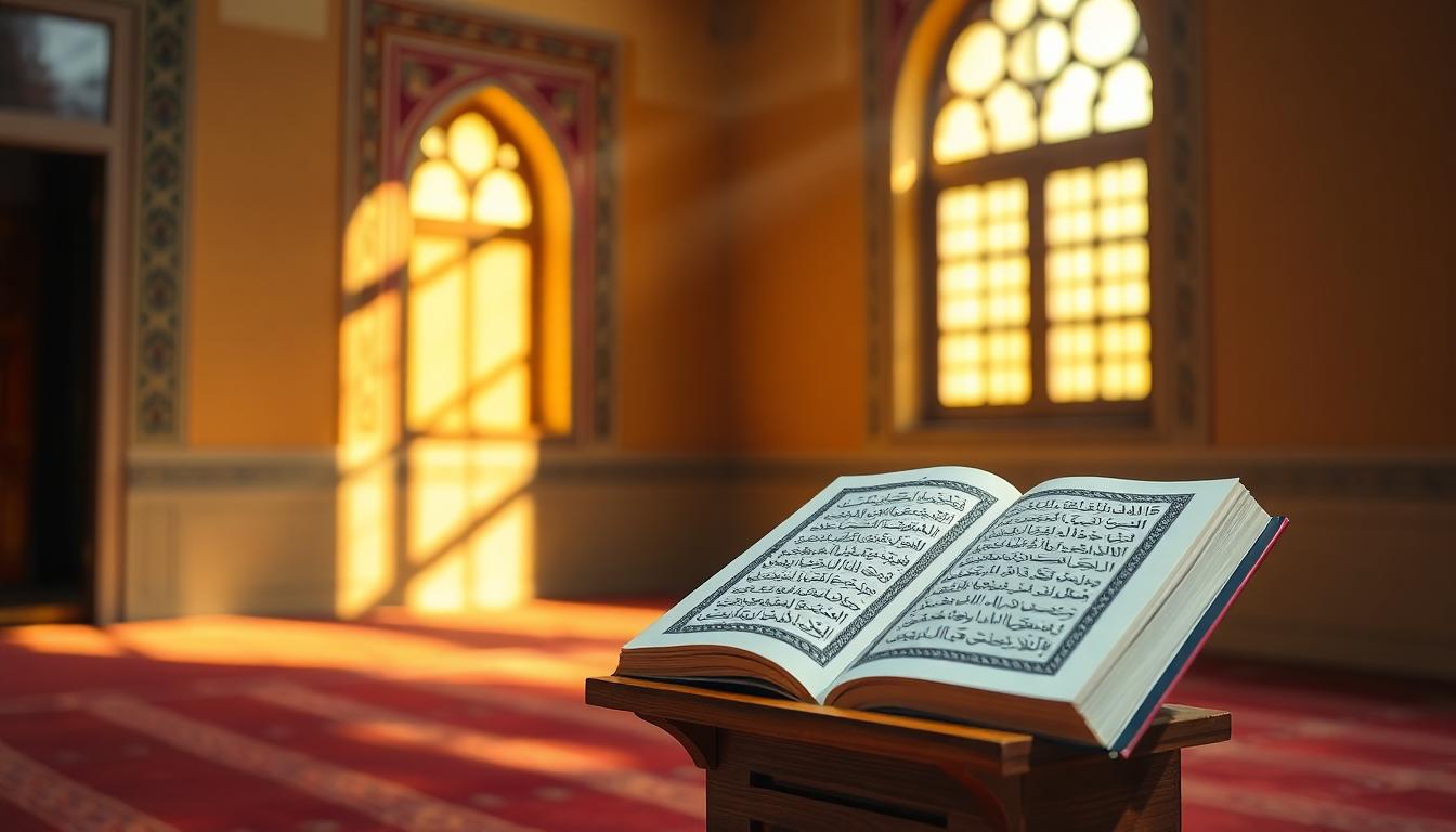 A peaceful mosque corner with sunlight and an open Qur'an on a wooden stand, inviting quiet reflection and devotion. Image created with AI.