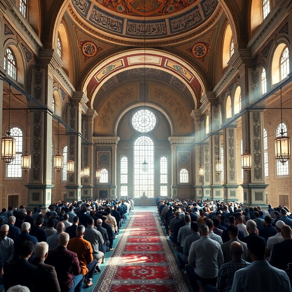 Interior of a peaceful mosque during prayer time, soft light, focus on worship, people in rows, calm atmosphere, high realism, image created with AI