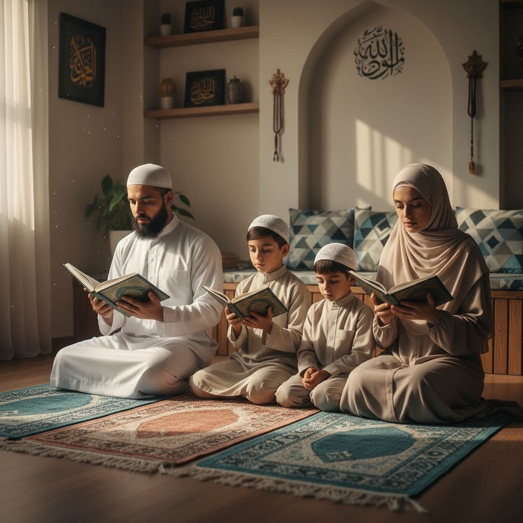 পরিবার একসাথে কুরআন তিলাওয়াত ও দোয়ায় ব্যস্ত, ঘরের নরম আলোয় শান্ত পরিবেশ