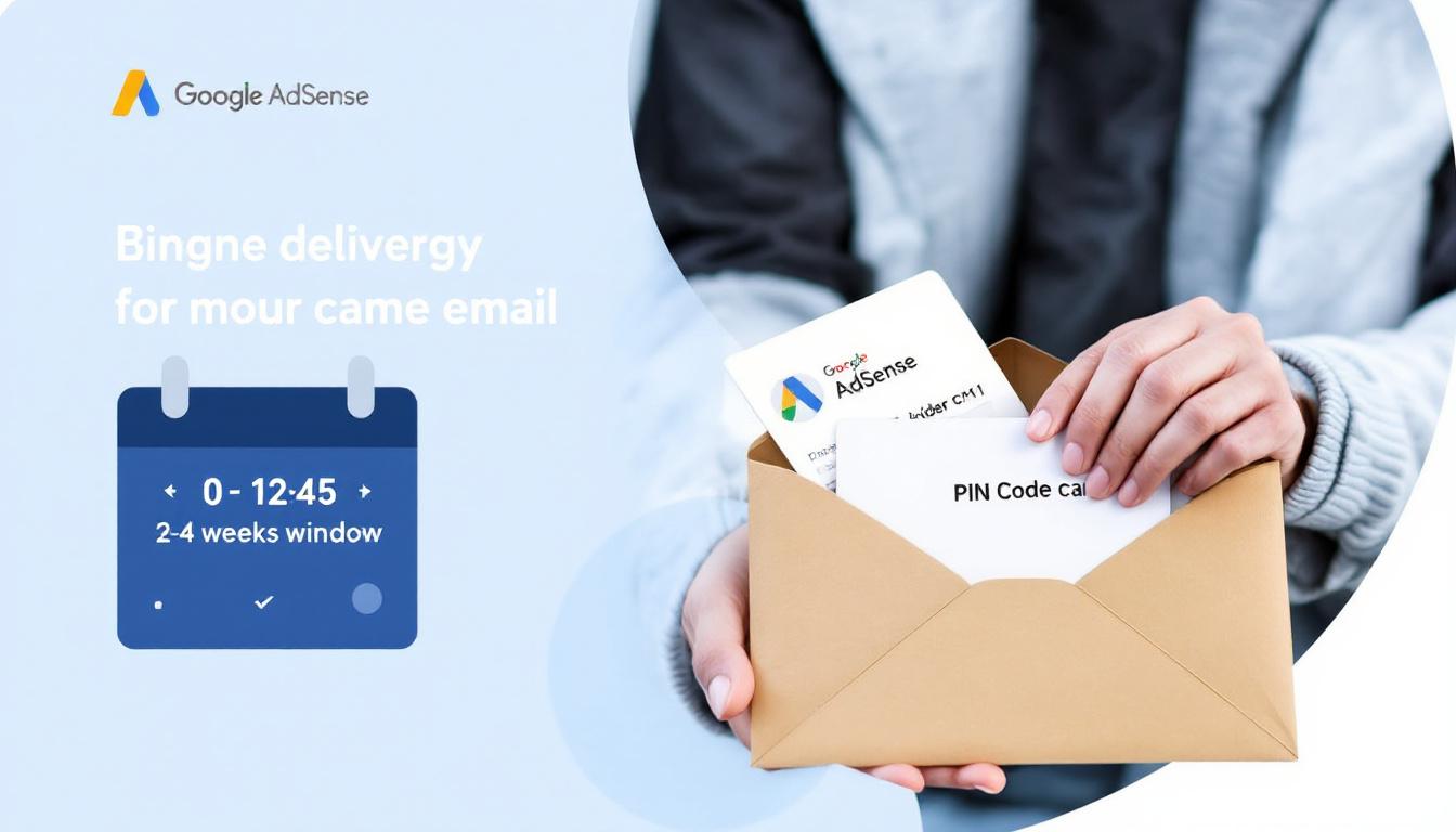 Person checking mailbox with a calendar showing 2-4 weeks and AdSense PIN card on screen, symbolizing waiting and address verification