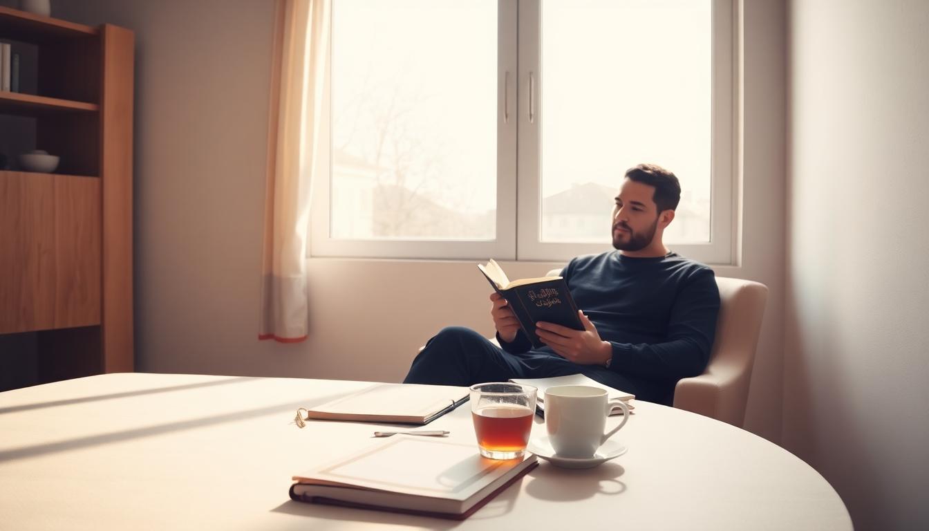 Person reading Quran thoughtfully with notebook